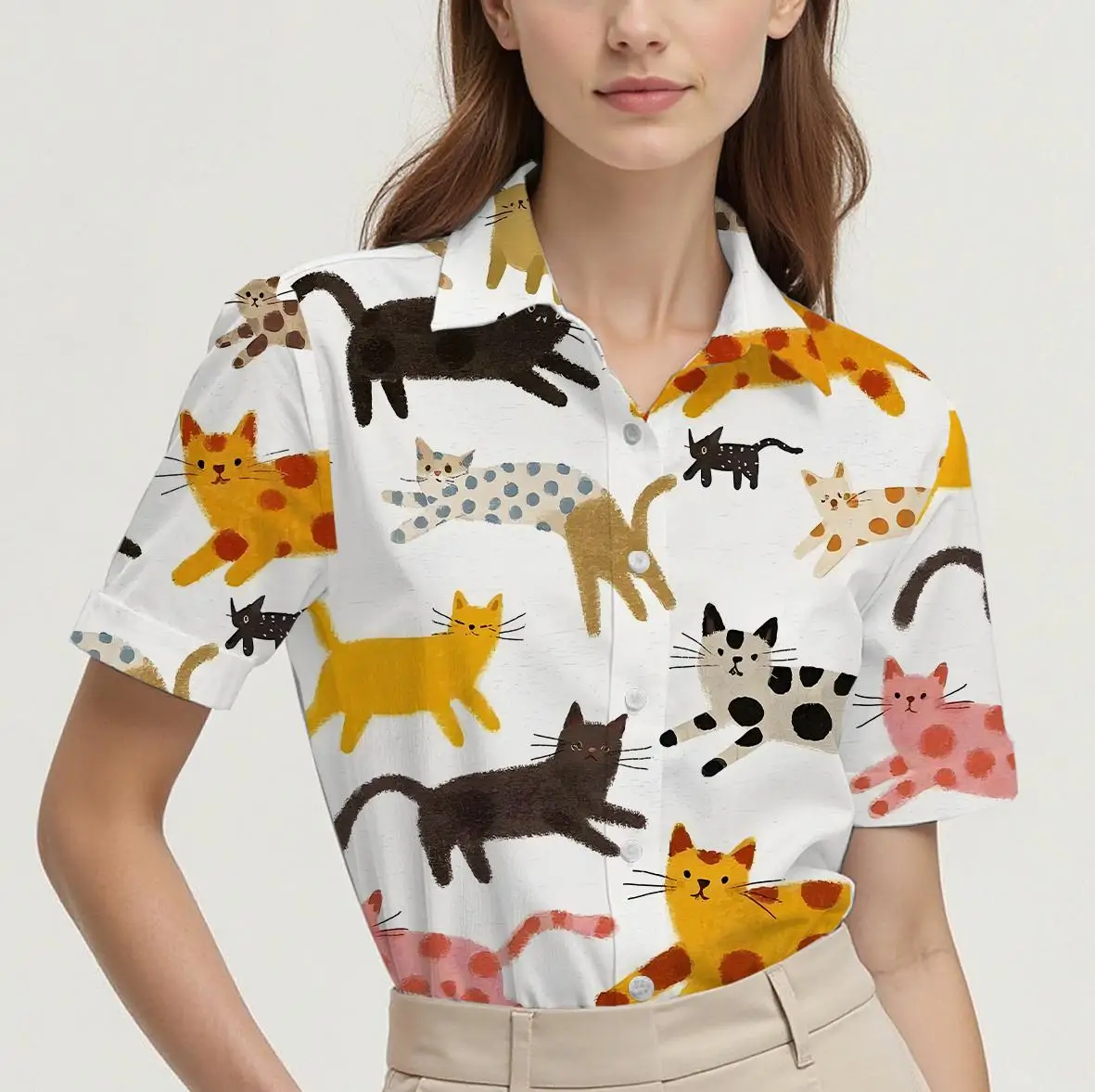 Short-sleeved summer shirt for women with cat pattern design, breathable and suitable for everyday wear, fashionable and casual