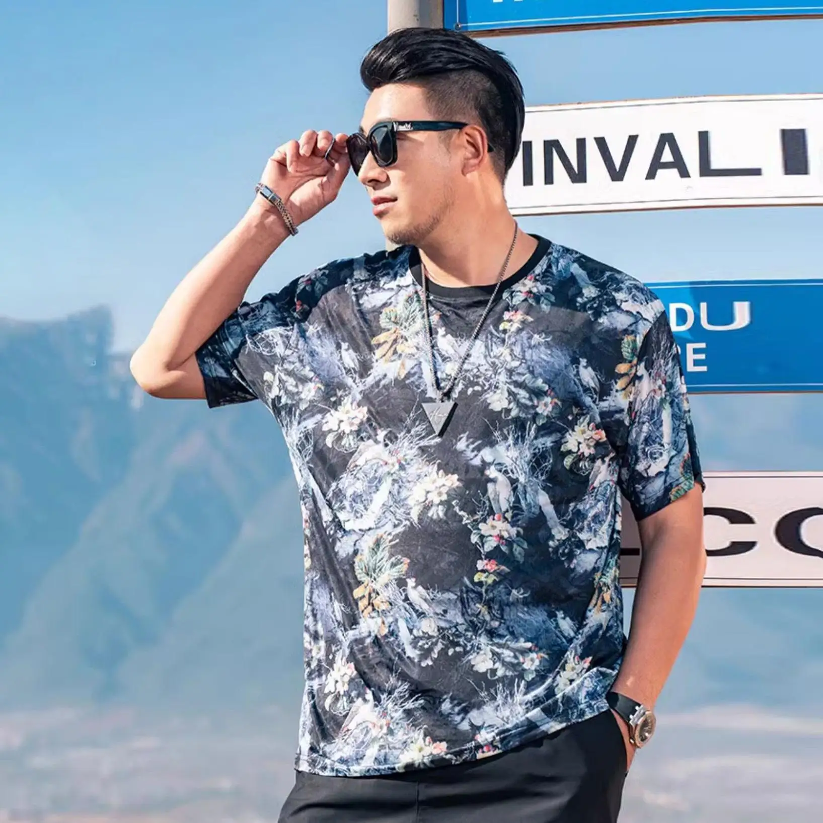Retro tie-dye gradient dark floral 3D print men's short-sleeved T-shirt loose fit versatile outdoor short-sleeved top for summer