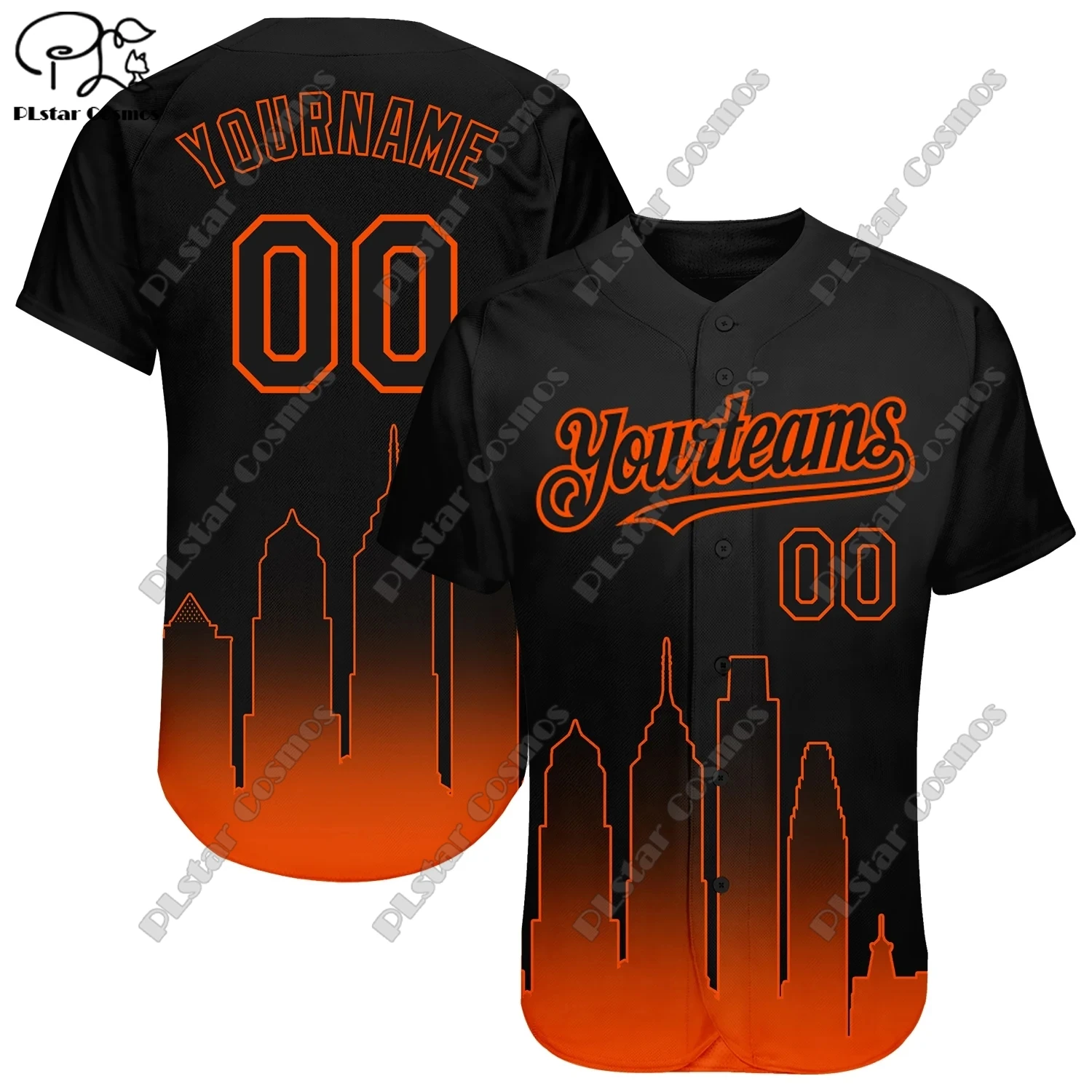 Unisex 3D impressão Baseball Camisas, Nome personalizado, preto, vermelho, cinza, Cidade Silhueta, Gradiente Fade, Moda