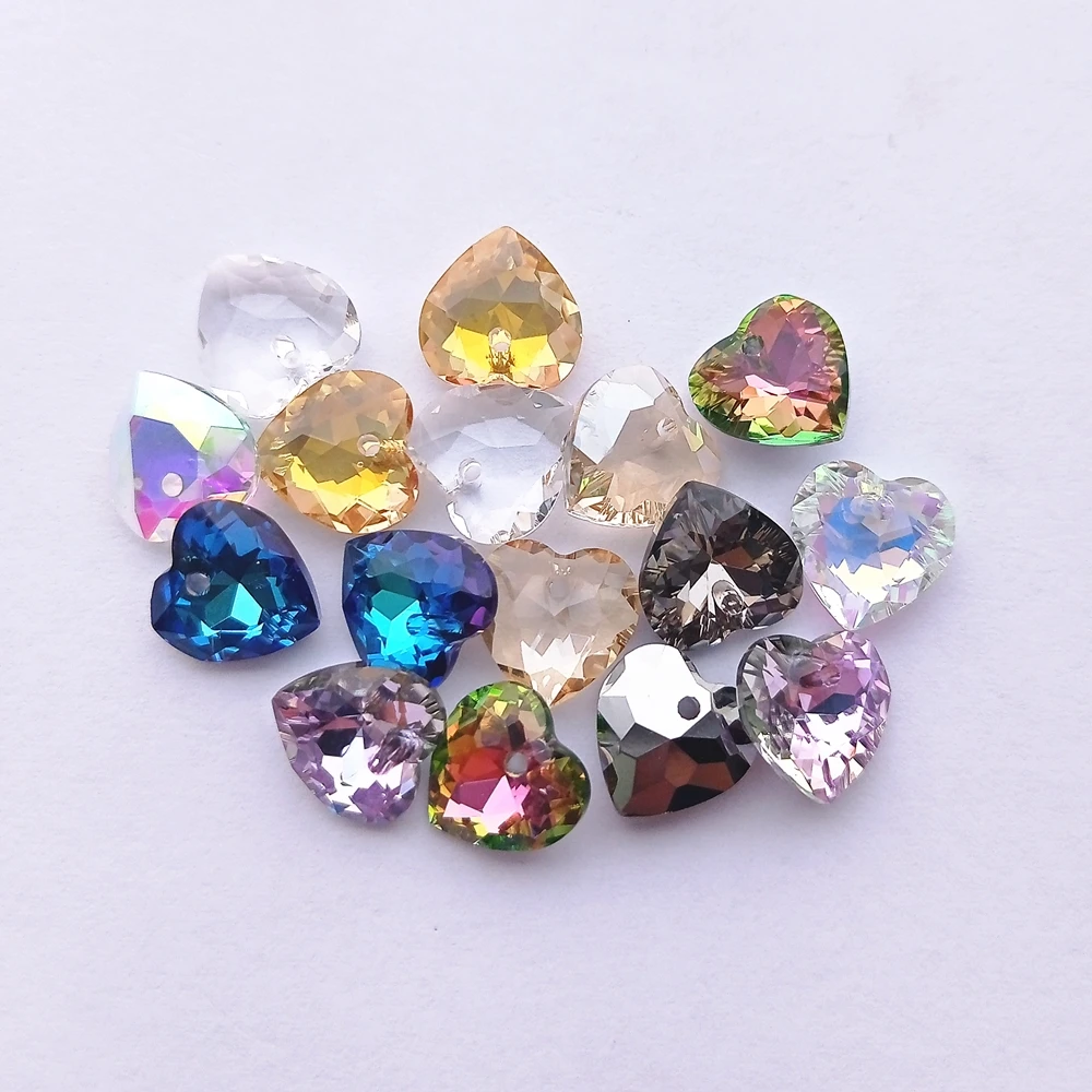 10.5MM Heart Single Hole Glass Rhinestone Pendant Glitter High Quality Crystal AB Gemstone Cut Fancy Diamond for DIY Necklace