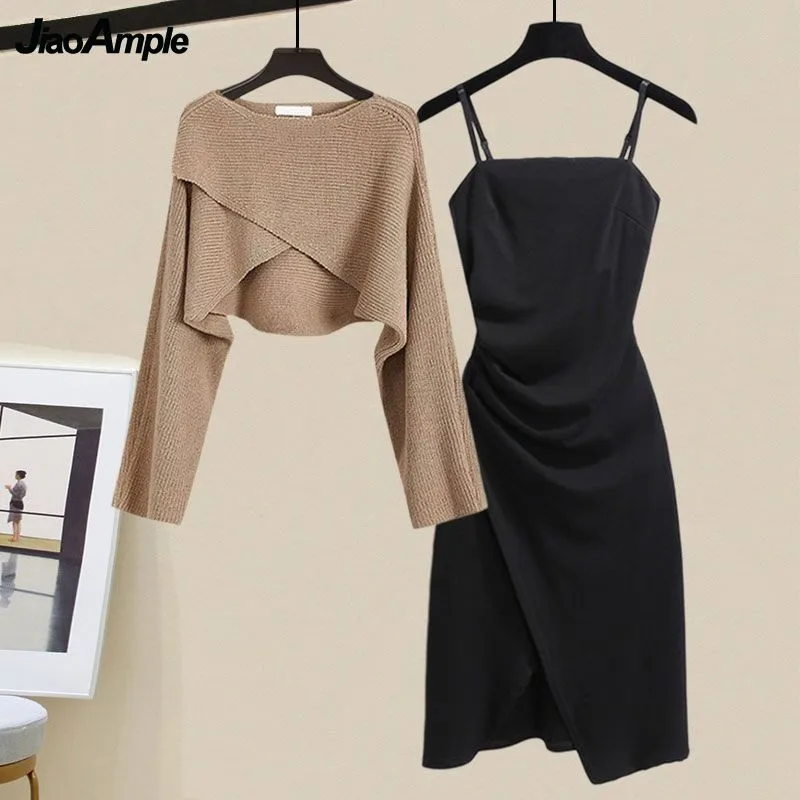 Women Autumn Winter New Chic O-Neck Cross Knit Sweater+Sexy Sling Skirt 2-piece Suit Korean Elegant Pullover Dress Matching Set