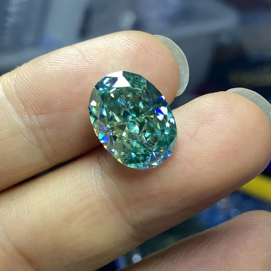 

5x7mm-10x14mm Blue-Green Iced Crushed Oval GRA Moissanite 8ct 6ct 5ct Big Size Gemstone For Ring