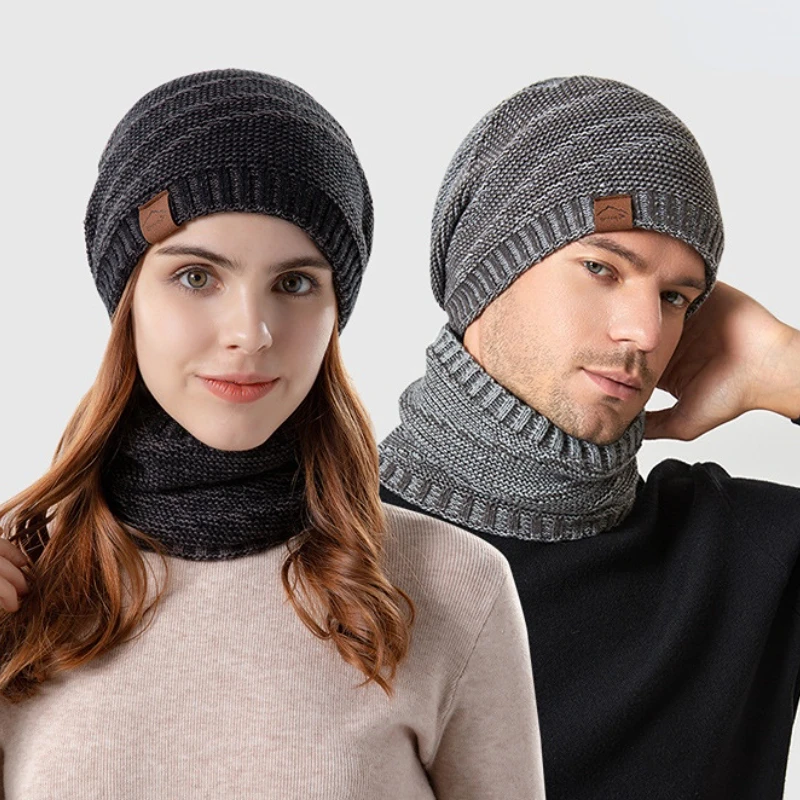 

Unisex Winter Knitted Hat Scarf Set Couple Mixed Color Loose Elastic Skull Cap Neck Warmer with Thick Fleece Lined Women Men