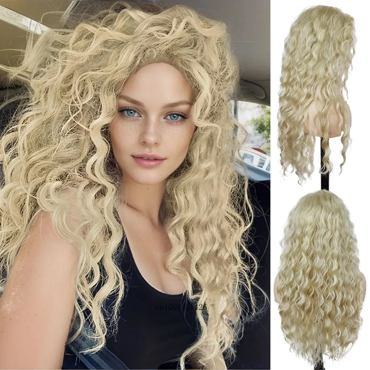 Synthetic Hair Realistic Long Platinum Blonde Wig with Free Part Hairline Light Thick Fluffy Wavy Cur Wigs Natural Dog and Beth