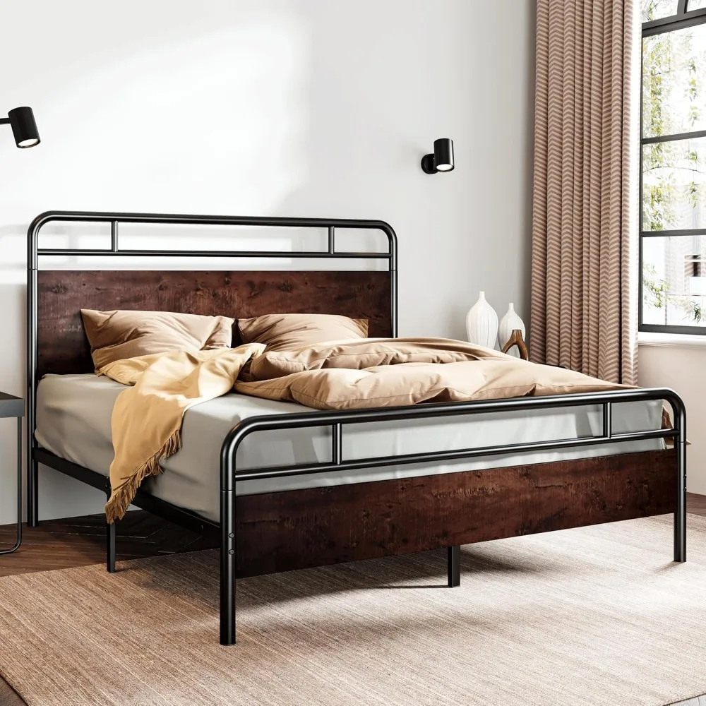 Queen Size Bed Frame with Wooden Headboard and Footboard, Rounded Corner Metal Frame, Heavy Duty Platform Bed