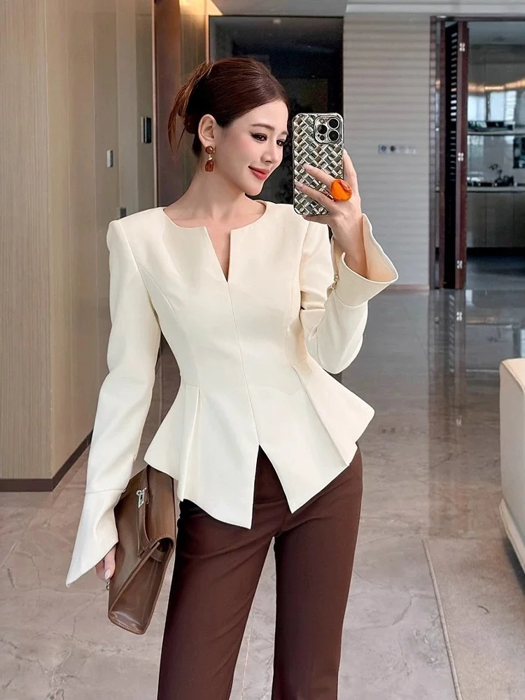 

Женская приталенная рубашка с расклешенными рукавами, укороченная, с отложной талией, осенняя новинка, для повседневной носки, однотонная, на молнии