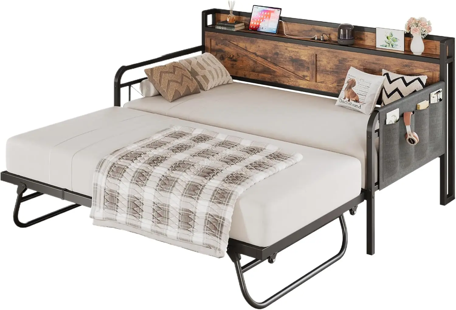 

Twin Daybed with Trundle Bed, Storage Headboard with Charging Station, Sofa Day Bed with Strong Supports for Living Room