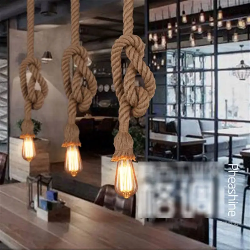 Kitchen Lighting Led Nostalgic Kitchen Unique Design Rustic Hemp Rope Ceiling Light Fixture Retro Industrial Rustic Handcrafted