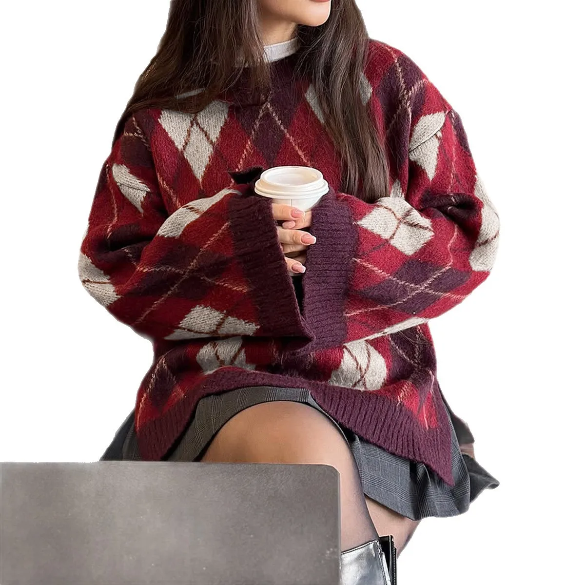 NOWA bluza damska z dzianiny w bloki kolorów na jesień i zimę 2026, z długim rękawem, codzienna bluza wkładana przez głowę, kolorowa, swobodna odzież domowa.