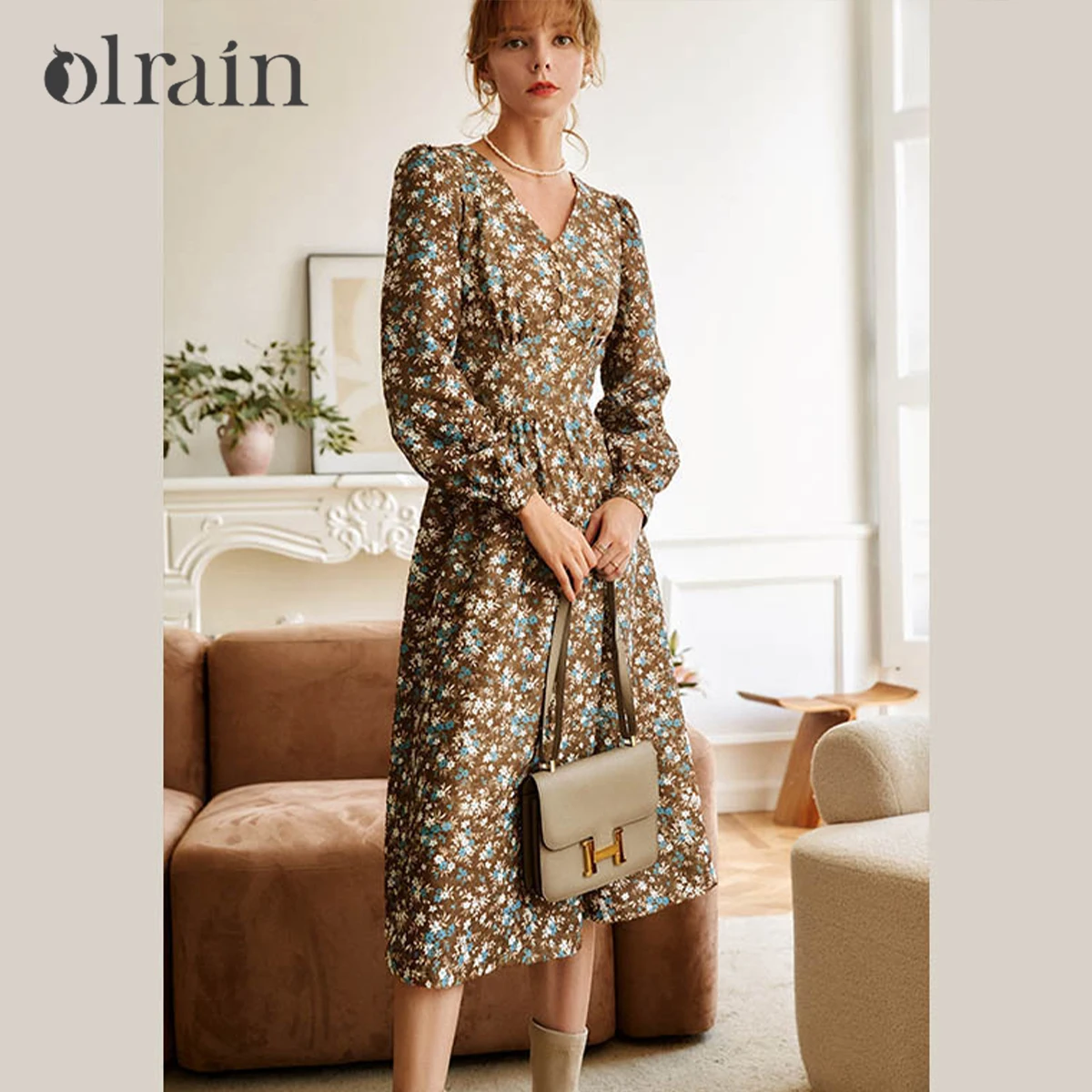 

OLrain Women's Floral Print Autumn Dress 2025 V-neck Elegant Chic Woman Evening Dress Puff Sleeve Ladies Long Dresses O21DL58035