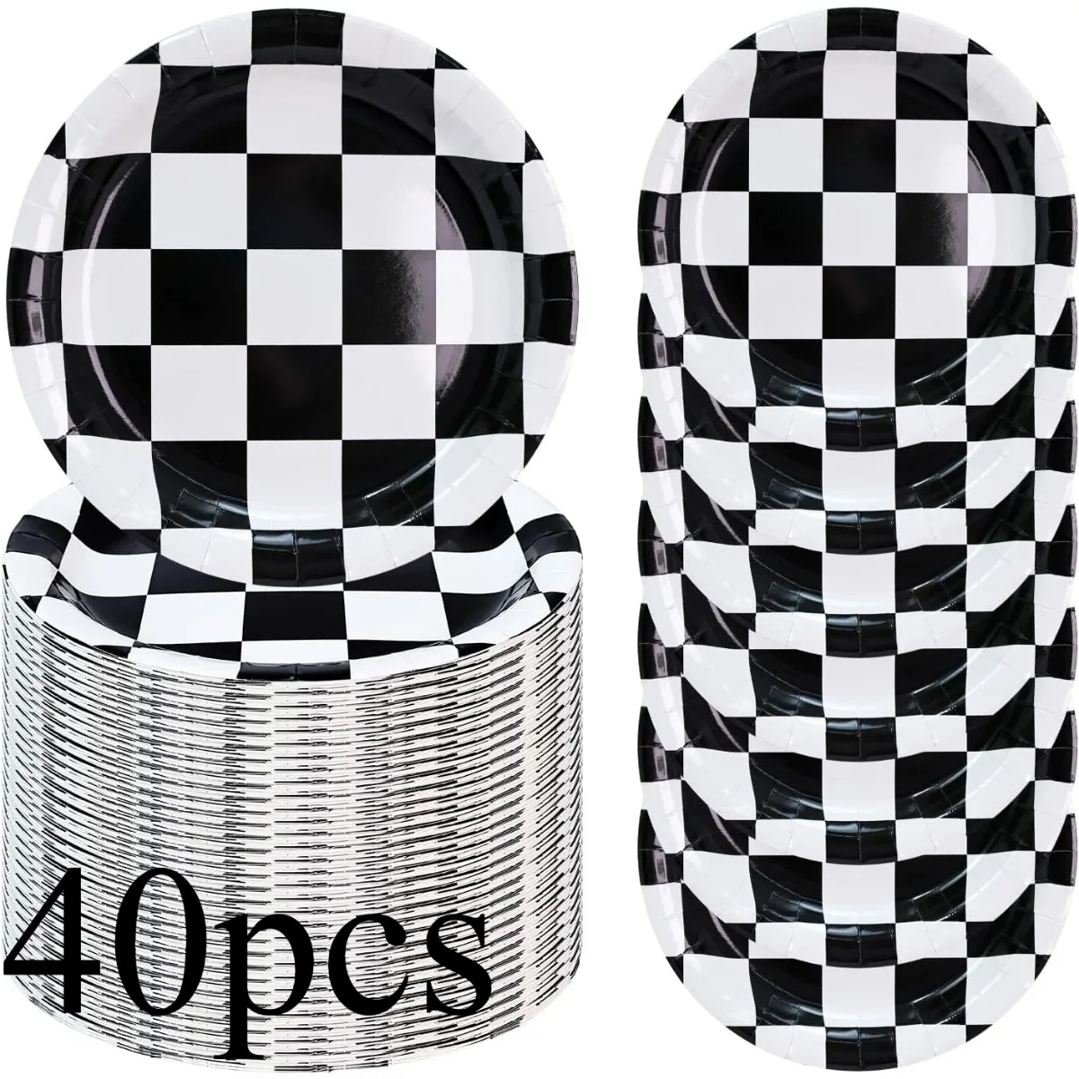 40 Assiettes en carton jetables noires et blanches à motif quadrillé, thème voiture de course, pour desserts d'anniversaire, vaisselle sur le thème des voitures de course
