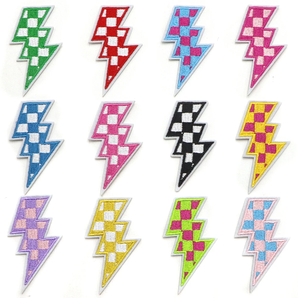 3PC Checkered Lightning Bolt Iron On Patches for Hats Multicolour Racing Day Embroidery Patches for Clothes Trucker Jacket