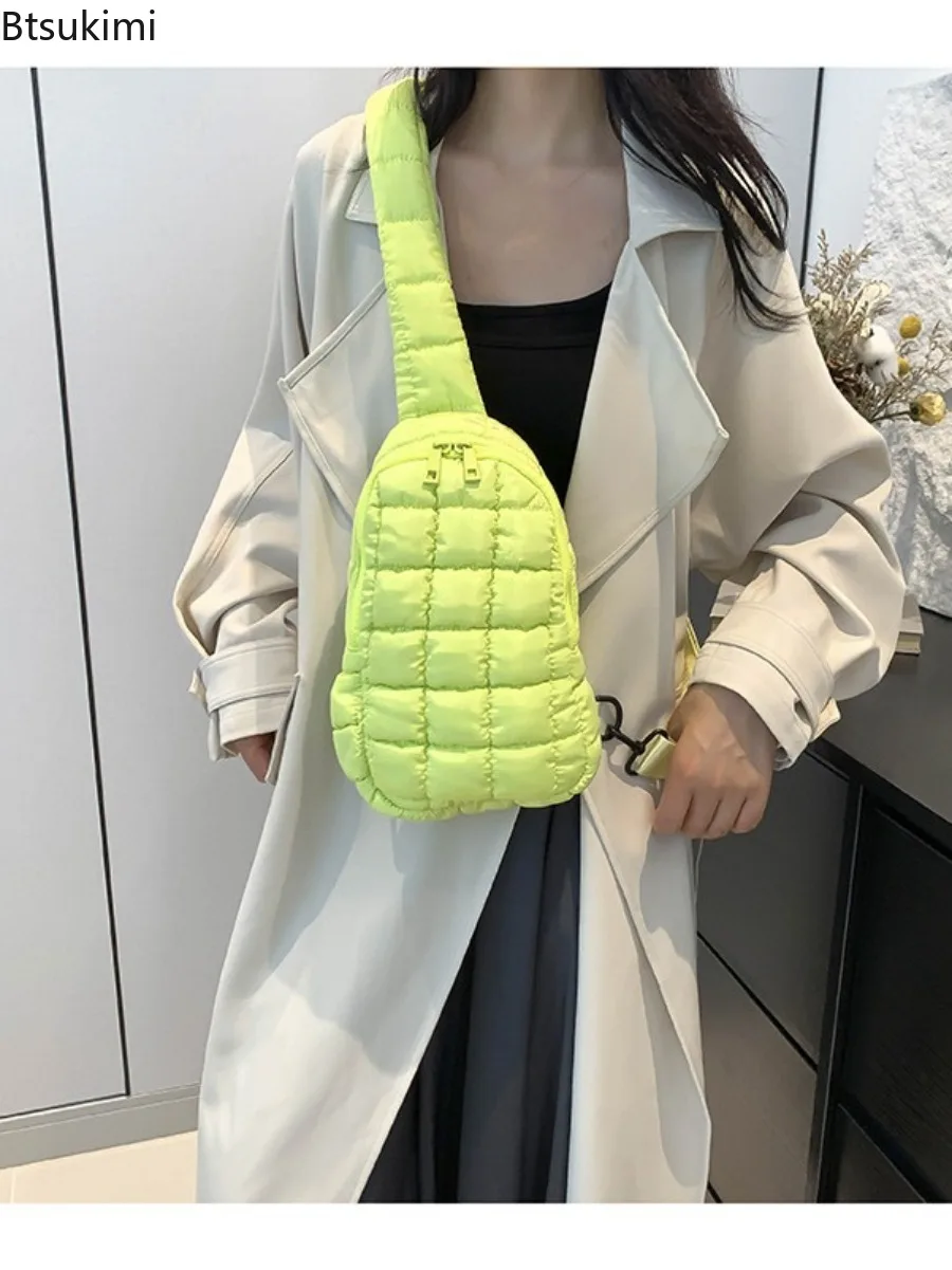 New Women Quilted Chest Bags Puffer Crossbody Sling Bags Adjustable Strap Simple Shoulder Bag Casual Waist Pack Soft Hobo Bag