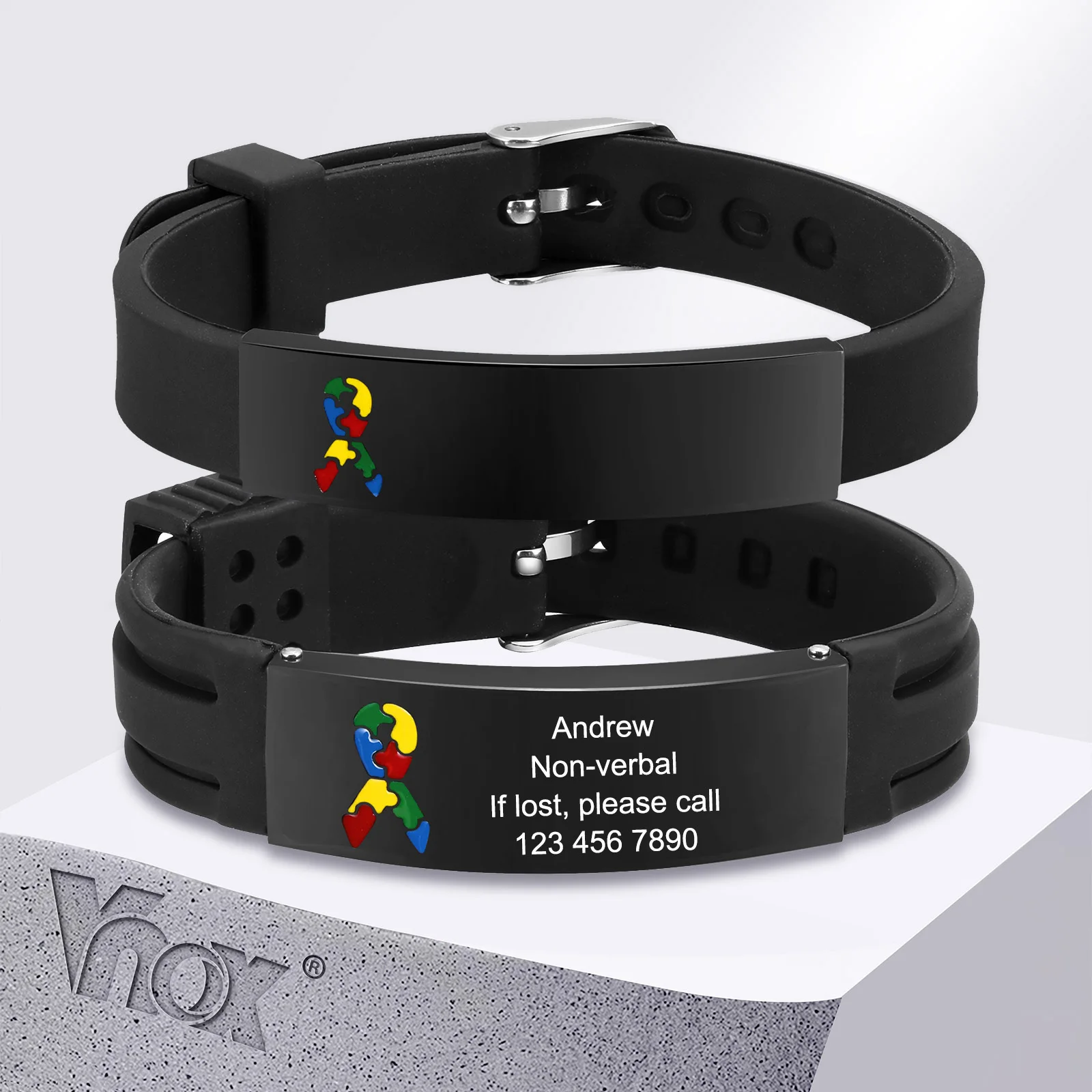 Vnox 12mm/16mm Personalized Autism Awareness Bracelet, Men Women Custom Medical Alert ID Bracelets,Anti-Lost Adjustable Bracelet