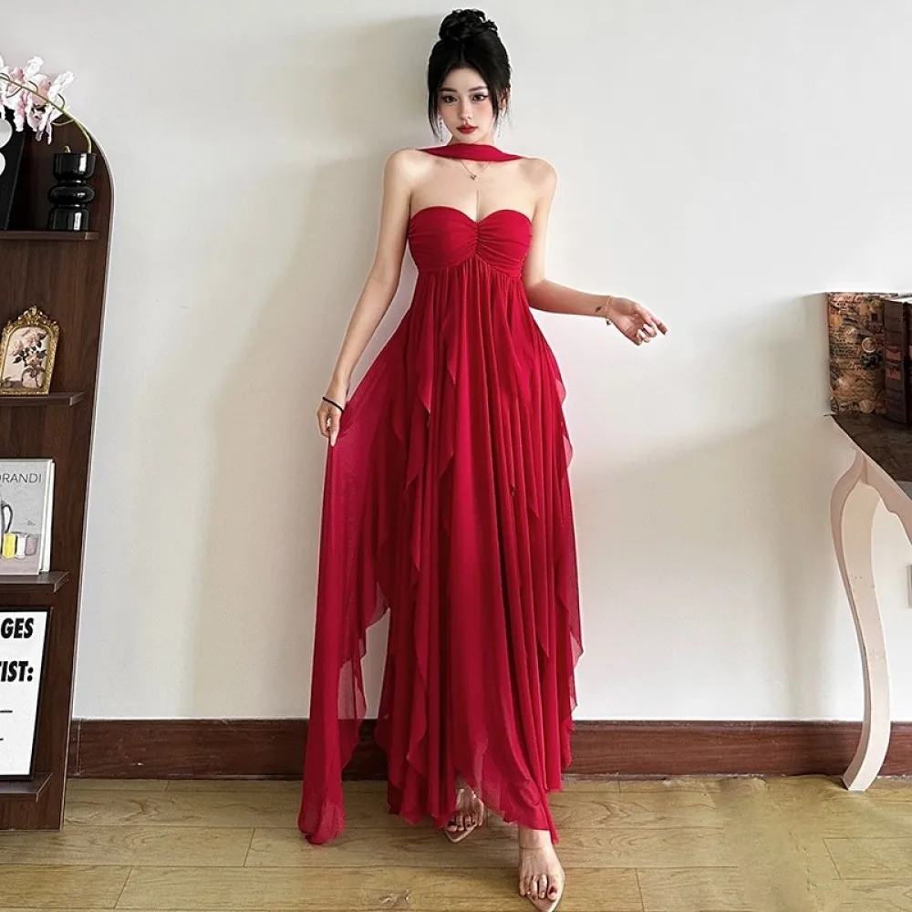 

SylCue Mesh Patchwork Dress Women Halter Off Shoulders Backless Fashion Sweet Style Birthday Party Ruched Elegant Long Bodycon
