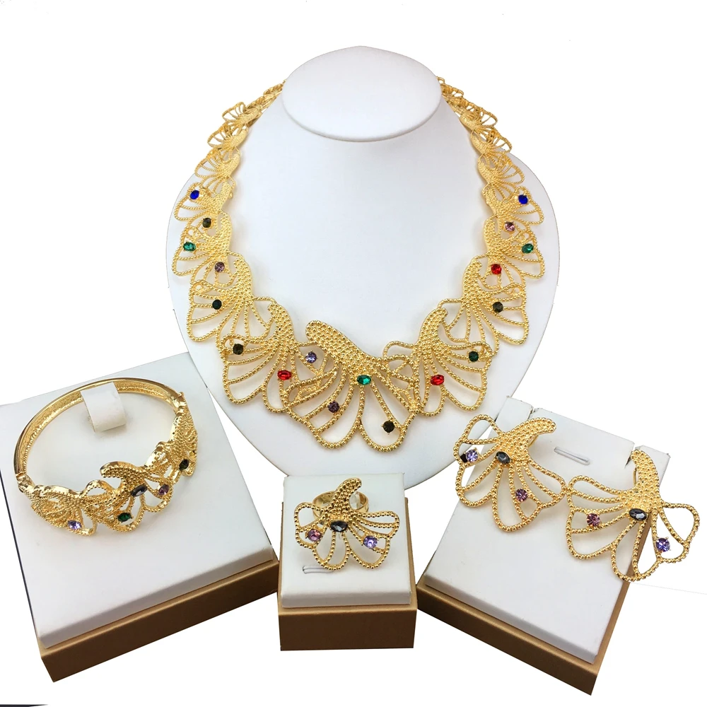 Fashion Dubai Gold Plated Women Jewelry Italian Design Style Big Necklace Banquet Festive Earrings Ring Accessories FHK18961