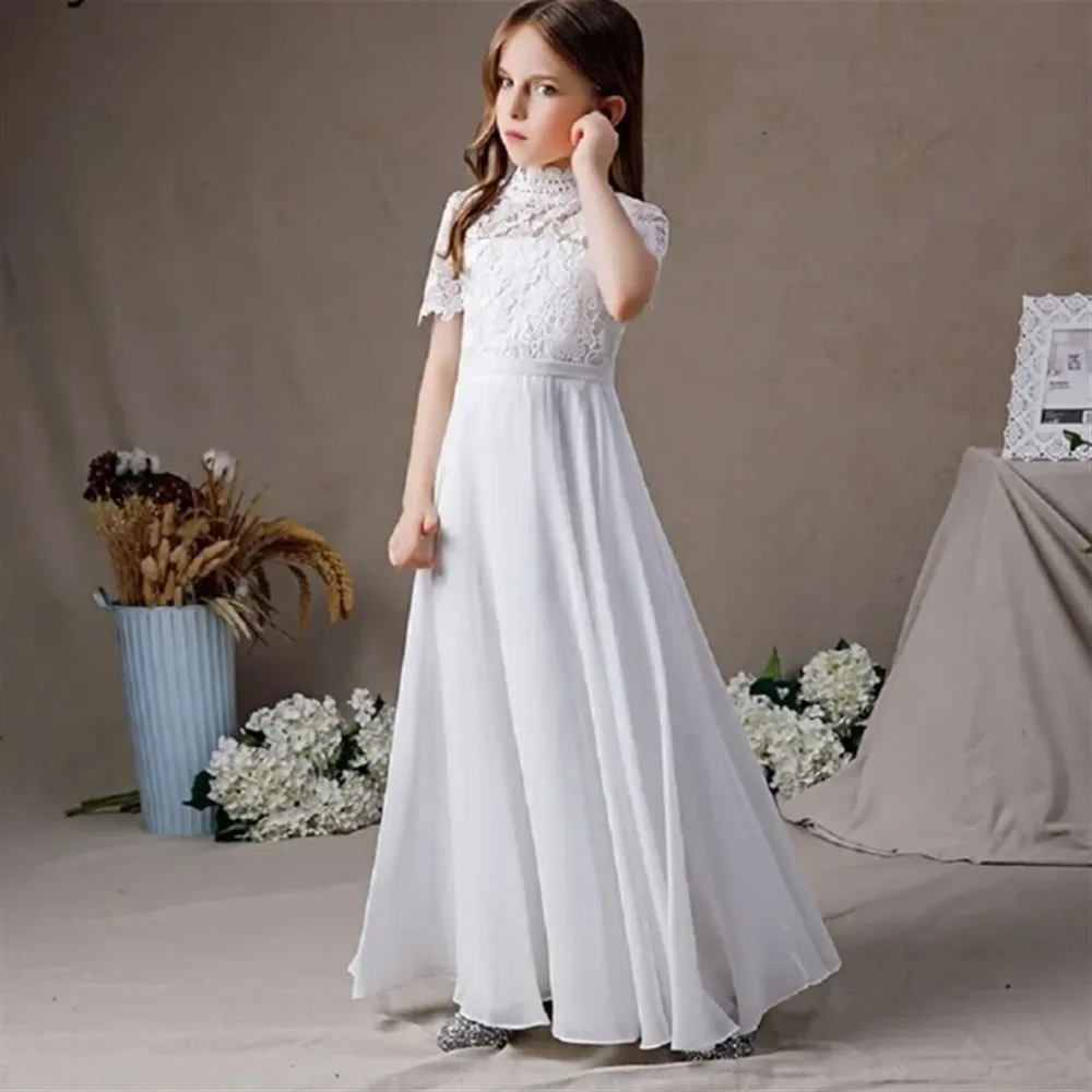 

Elegant White Lace Holy First Communion Gown High Neck Flower Girl Dress Kids Baby Junior Bridesmaid Wedding Gown Customized