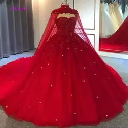 Robe de soirée en tulle de dentelle avec cape pour femme, robe de Rhde perles chérie, robes de soirée élégantes, rouge, luxe, grande taille