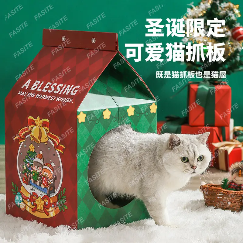 Cat litter integrated Christmas cat house scratch resistant wear corrugated paper claw board does not fall off crumbs grinding