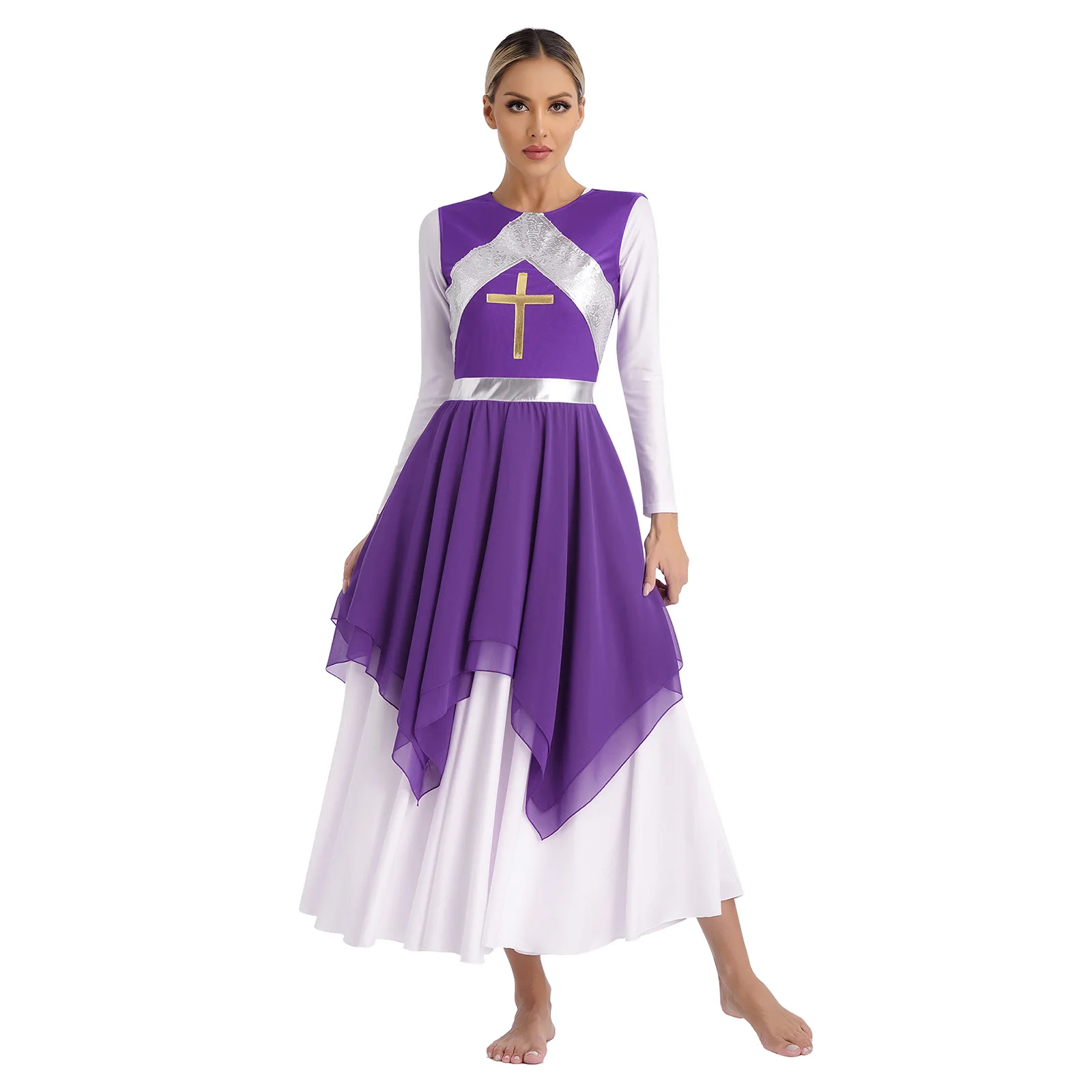 Manica lunga da donna metallizzato lucido irregolare liturgico elogio balletto vestito da ballo lirico culto chiesa festa Costume Dancewear