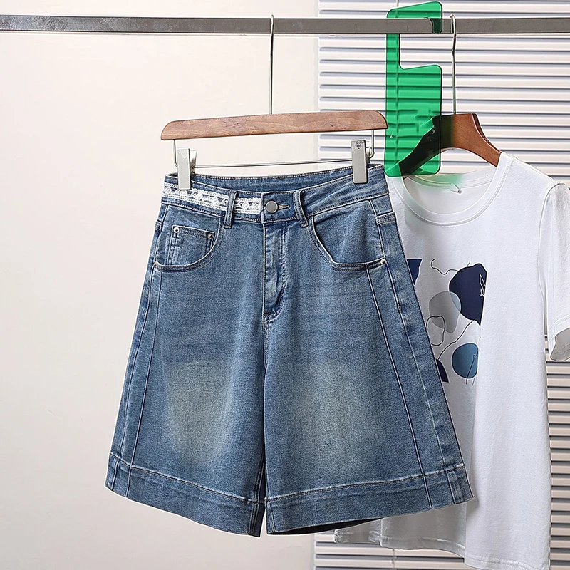 Fashion lace splicing elastic denim shorts women's summer new loose and slimming wide leg five quarter mid length pants