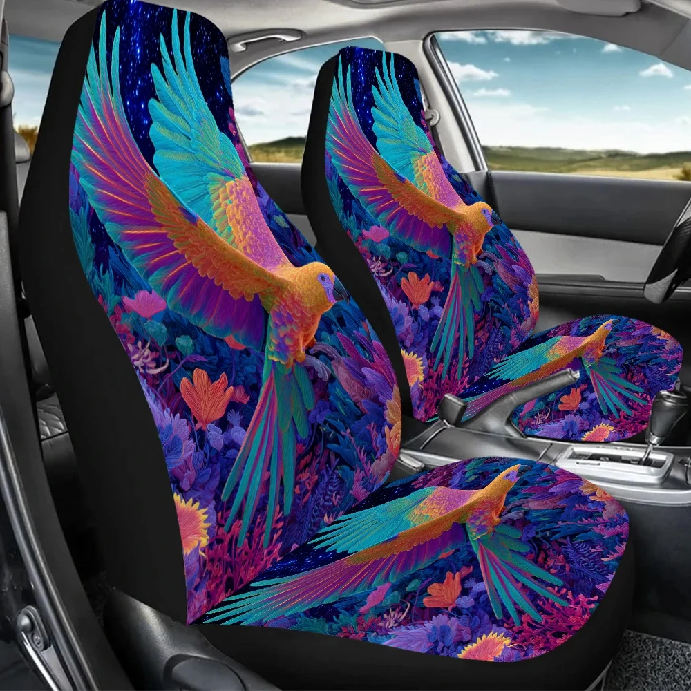 2pcs Neon Parrot Garden Print Car Seat Covers - Vibrant & Pink Floral Design, Durable Polyester, Fit For Cars, SUVs, Sedans, Enh