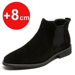 Chelsea Boots mężczyźni buty na koturnie 6cm 8cm niewidoczny wzrost buty zamszowe skórzane buty męskie botki wewnętrzne zwiększające wzrost