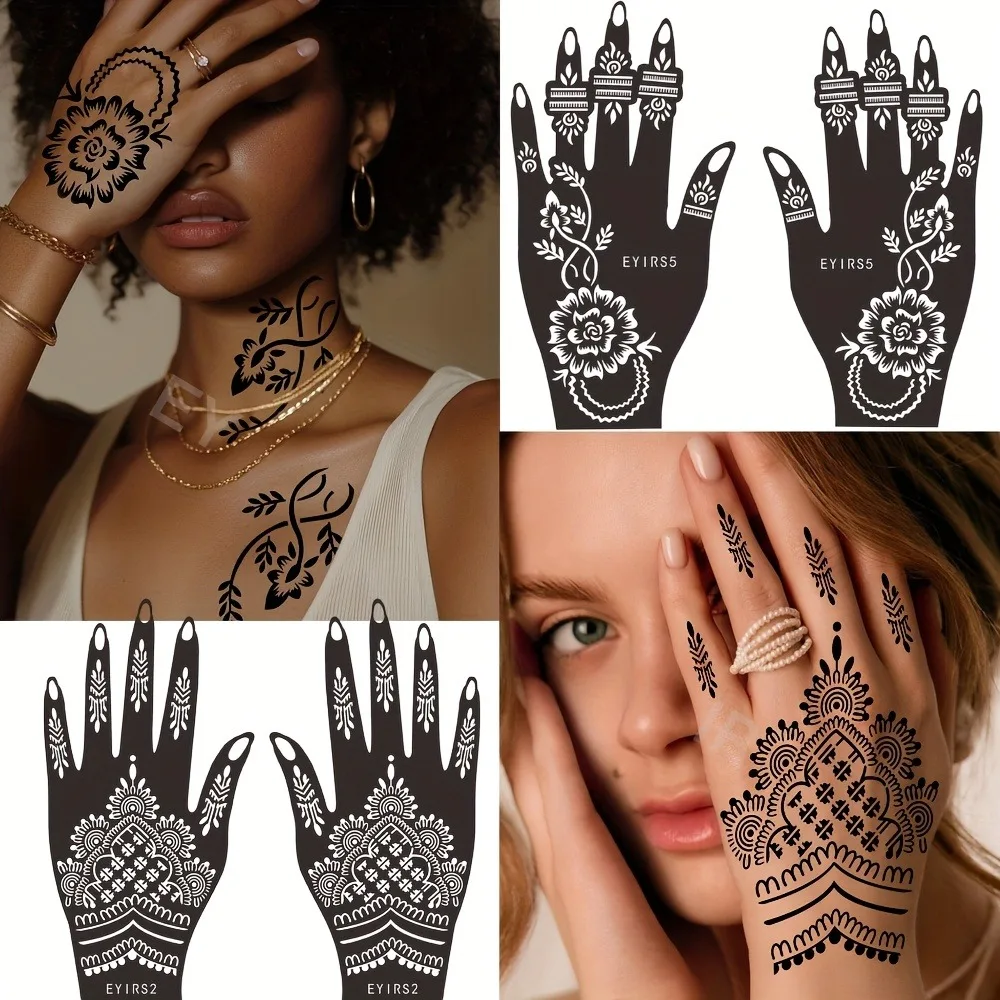 4PCS Hand Tattoo Stencils Reusable Temporary Tattoo Templates Self Adhesive Henna Body Art Design for DIY Festival Wedding Party