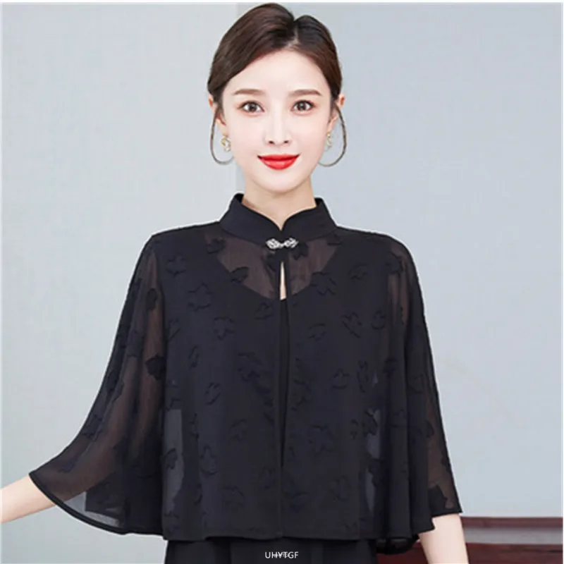 UHYTGF Fashion Women's Summer Jacket Chiffon Cape Shawl Thin Sun Protection Clothing Hollow Lace Short Tops Cardigan Female 1761