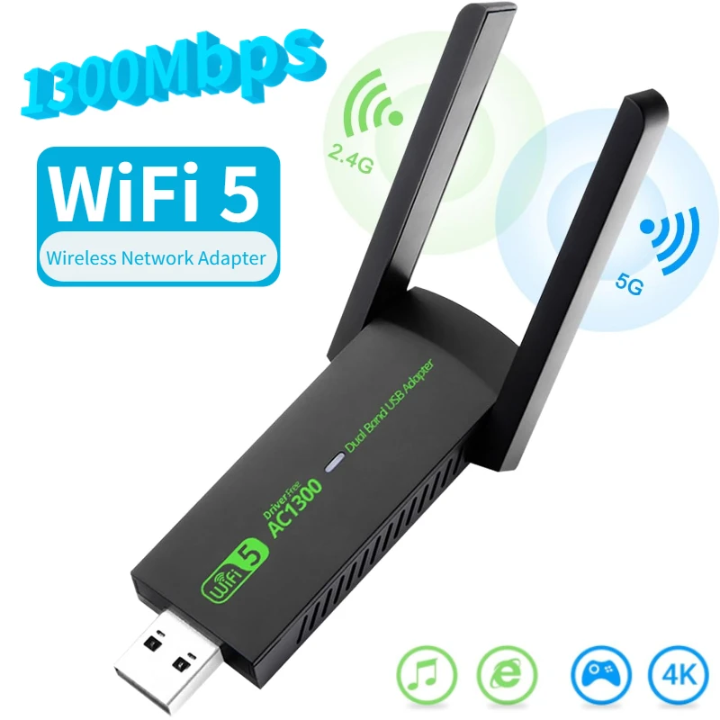 

USB 2.0 WiFi Adapter 1300Mbps Network Card Dual Band 2.4G/5GHz Bluetooth 4.2 Wireless Receiver Transmitter for Desktop Laptop PC