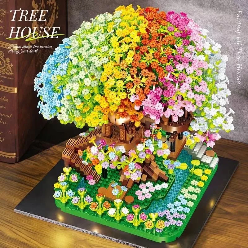 Colorful Sakura Oriental cherry Building Blocks Rainbow Tree House Bricks Ornaments Kids Educational DIY Toys Girl Holiday Gifts