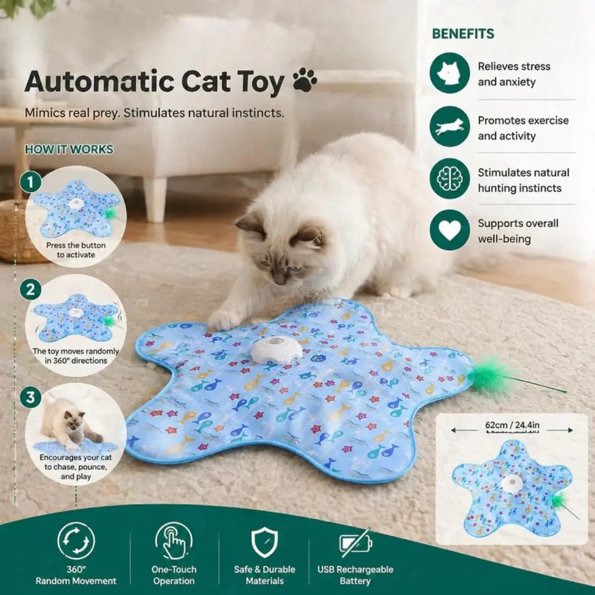 Automatic Hunting Toy for Cats Dogs - Pentagonal Small Fish Style USB Rechargeable 360° Dynamic Movement for Stress Relief