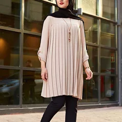 Moslim Geplooide Blouse Voor Meisjes Vrouwen Hot Tops Verstelbare Mouw Blauw Groen Zwart Shirt Islamitische Kleding Zomer O-hals Streetwear