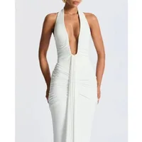 ABYOVRT Women Deep V Neck Ruched Maxi Dress Sleeveless Halter Gown Cocktail Evening Formal Dresses - Image 4
