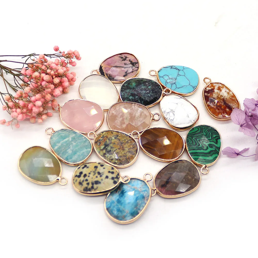 

1PC 17x26mm Natural Stone Amazonite Pendant Oval Pink Crystal Tiger Eye Stone Charm for DIY Jewelry Making Necklace Accessories