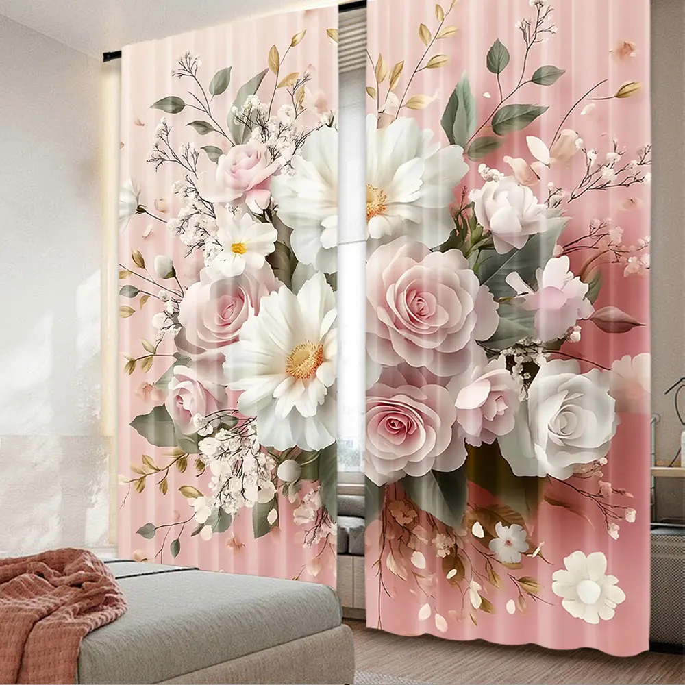2Pcs Floral Curtain Delicate Pink Bouquet Of Spring Nature Blossoms Romantic Design Suitable For Living Room Bedroom Kitchen And