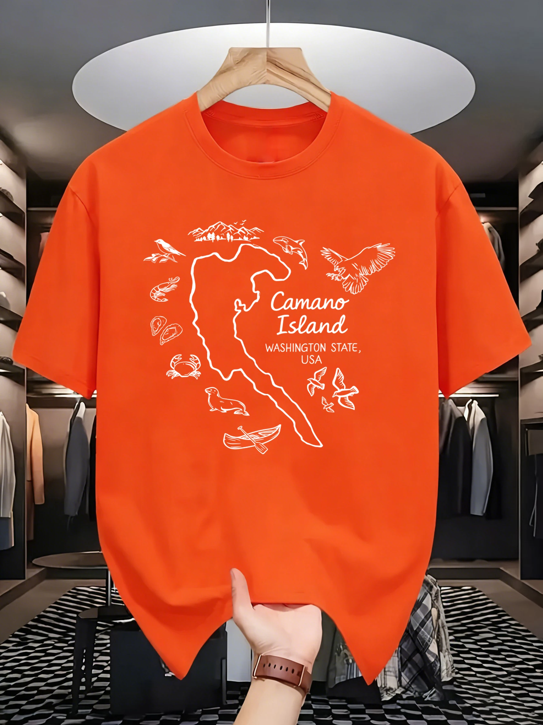 Camano Island Natural Organisms Print Men Cotton Summer Daily T-Shirt Korean Soft Streetwear Commute Breathable Short Sleeve