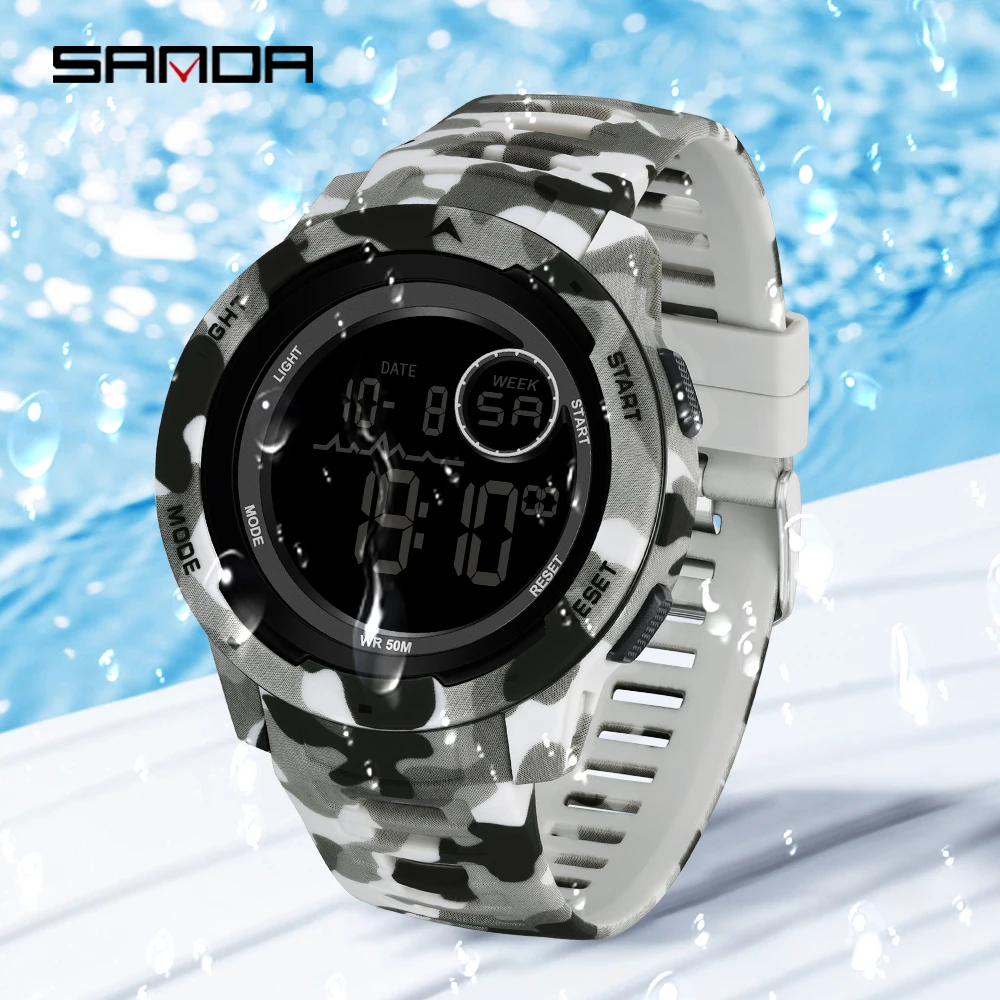 SANDA 2185 موضة ساعة إلكترونية للرجال التمويه العسكرية كول متعدد الوظائف مقاوم للماء ساعة رجالي ساعة تنبيه 2025