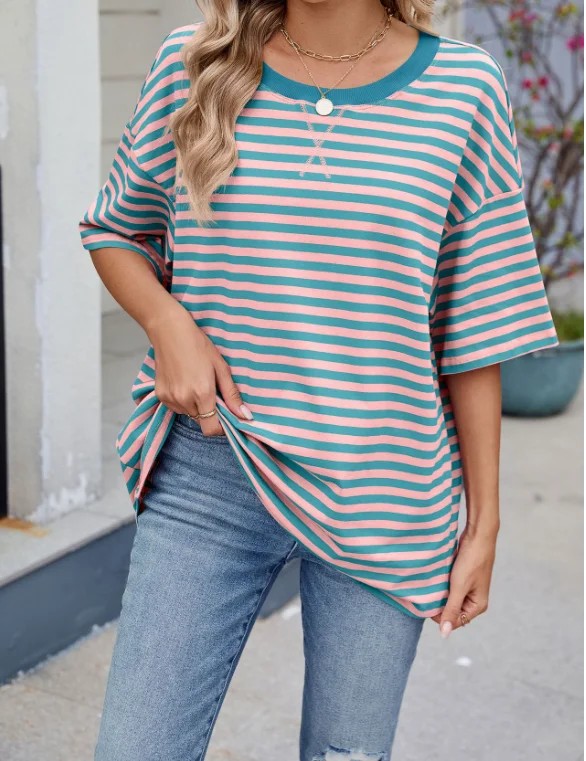 T-Shirt coupe ample pour femmes, rayé, contraste, col rond, demi-manches, haut quotidien décontracté, adapté à diverses tenues assorties