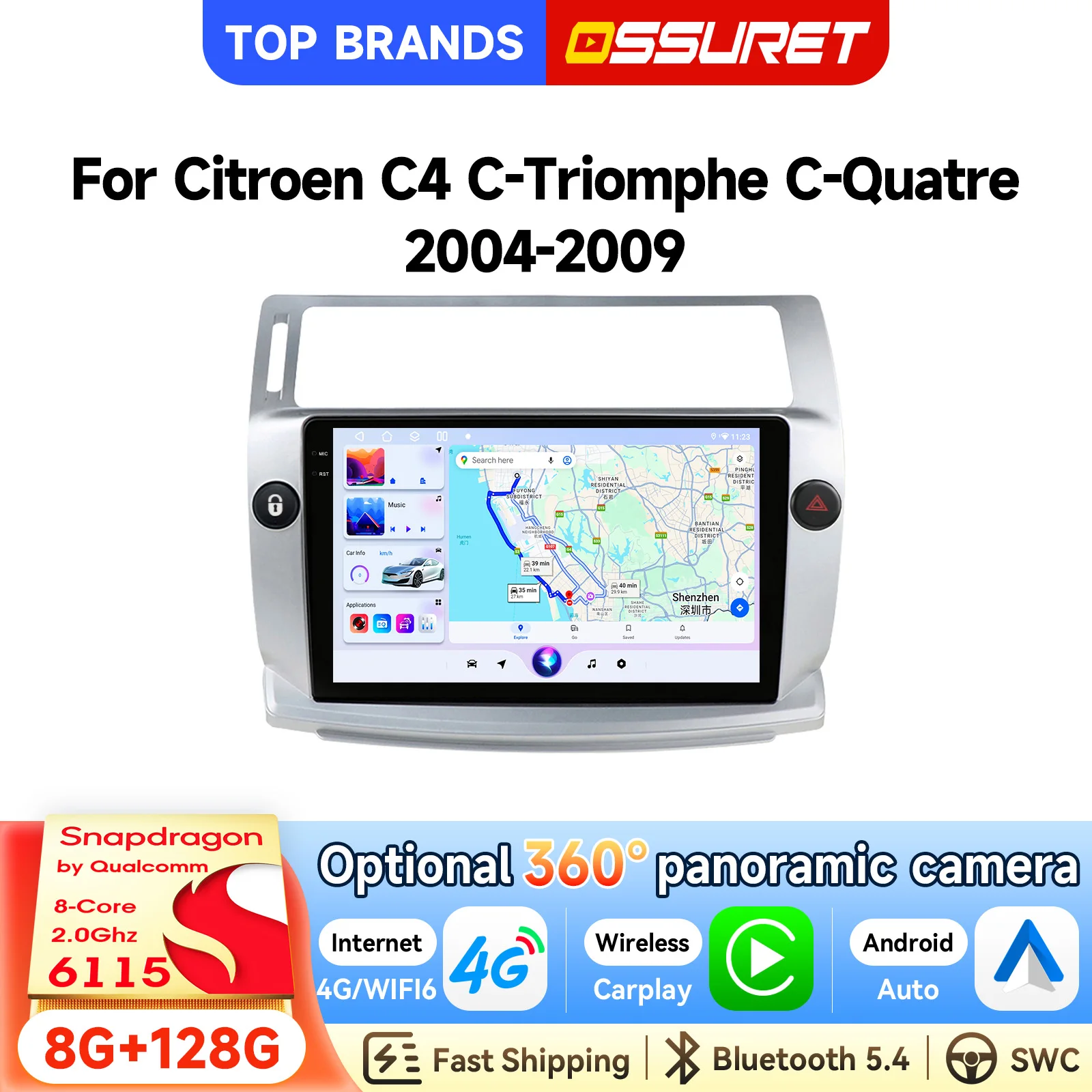 OSSURET Promotion Exceptionnelle Autoradio 2 Din 9 Pouces Android 14 avec Snapdragon 6115 Écran Tactile GPS Navigation pour Citroën C4 C-Triomphe C-Quatre 2004 - 2009 WiFi CarPlay Sans Fil Android Auto DSP Égaliseur Réglable Basses Numériques Dynamiques Livraison Gratuite Autoradio Stéréo