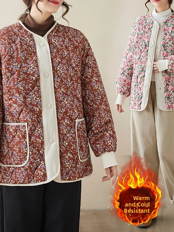 2026 New Vintage Style Lightweight Loose Large Size Cotton Jacket Women's Floral Gourd Pattern Print Casual Outerwear Coat