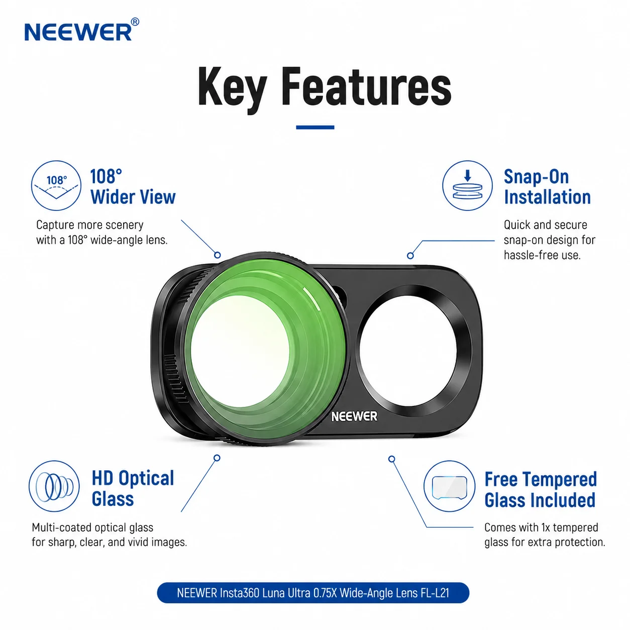 Szerokokątny obiektyw NEEWER FL-L21 0.75x do Insta360 Luna Ultra |   Akcesoria do fotografii magnetycznej HD, obiektyw do kamery sportowej — zdjęcie produktu 2