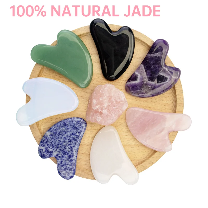 Planche de Massage Gua Sha en Jade naturel, Quartz Rose, pierre de Guasha pour menton, cou, Lifting du visage, suppression des rides, soins de beauté