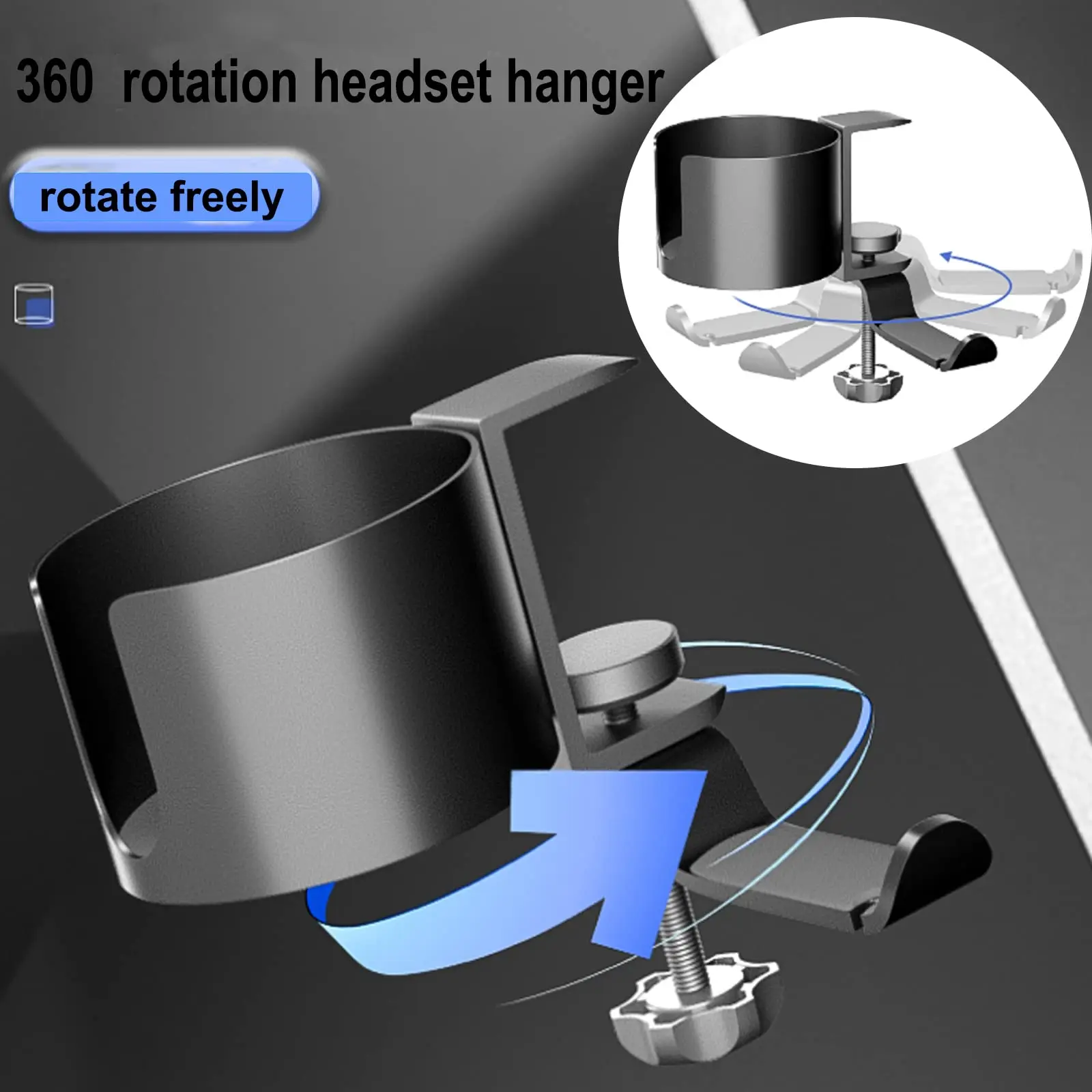 2-in-1 Desk Cup Holder Anti-Spill Cup Holder Clamp with Rotatable Headphone Hanger, Office Coffee Water Organizer Table Cup Clip