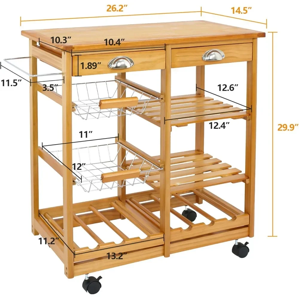 Carrinho de cozinha com armazenamento, Mesa lateral rolante sobre rodas, 2 gavetas, 3 prateleiras, Rodízios bloqueáveis para sala de jantar, Bar