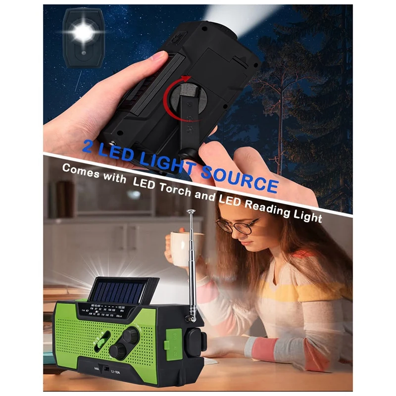 Emergency Weather Radio Hand Crank Portable Solar Charging With AM/FM/NOAA LED Flashlight SOS Alert 2000Mah