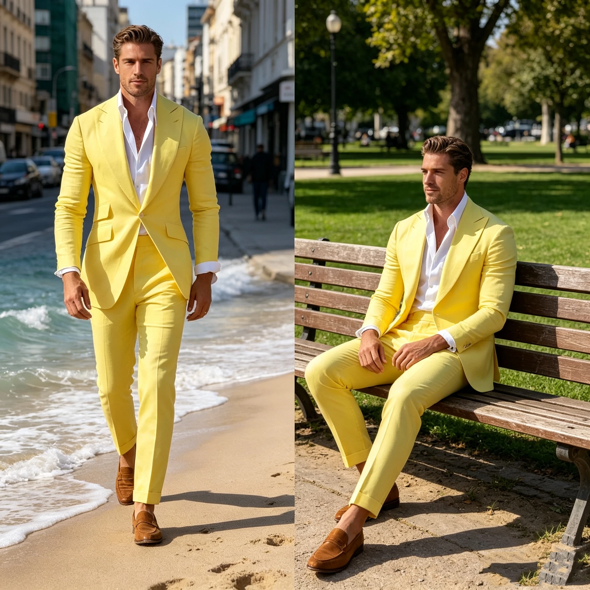 Slim Fit Yellow Men's 2-Piece Groom Tuxedos Peak Lapel Blazer Business Wedding Prom Suit Jacket Pants Set Summer Men Outfits view 2