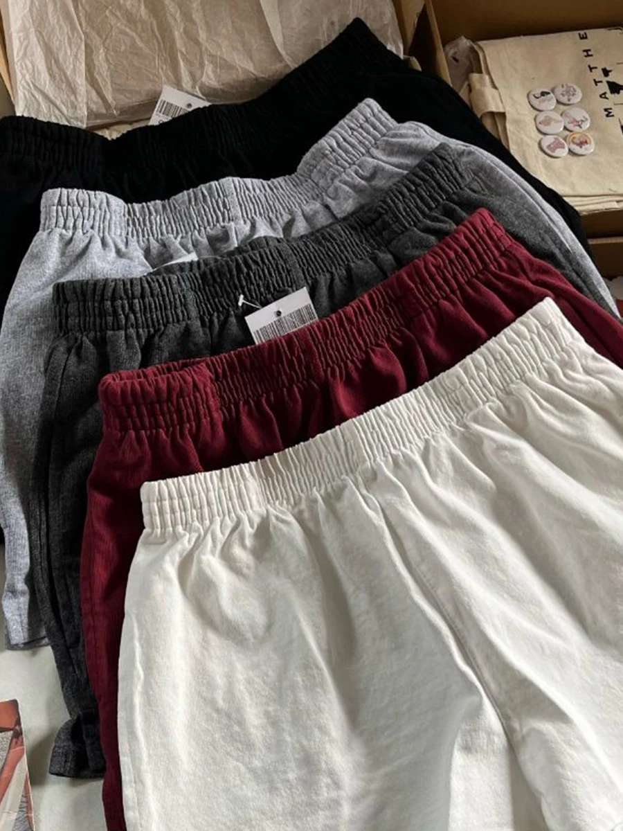 Solid Simple Basic Sweatshorts Woman Elastic High Waist Side Split Straight Short Pant Casual Vintage Streetwear Cotton Shorts