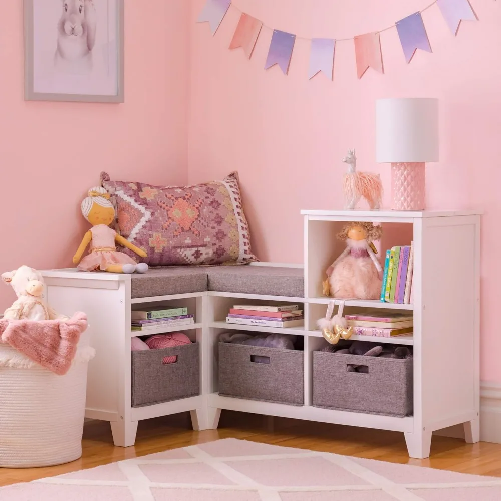 Estantería para niños, banco de almacenamiento de madera con cojín de asiento y caja de tela, adecuado para dormitorios, color blanco leche