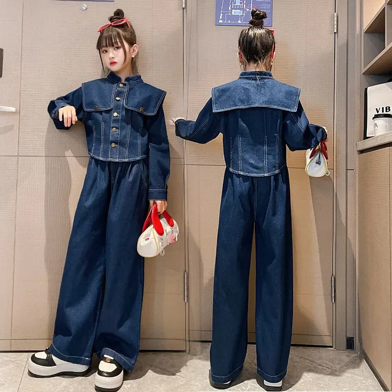 

Korean Autumn Winter Elementary 2pcs Suit Junior Girl Denim Outwear Large Lapel Coat Teenager Girl Jeans Trousers Girl 2pcs